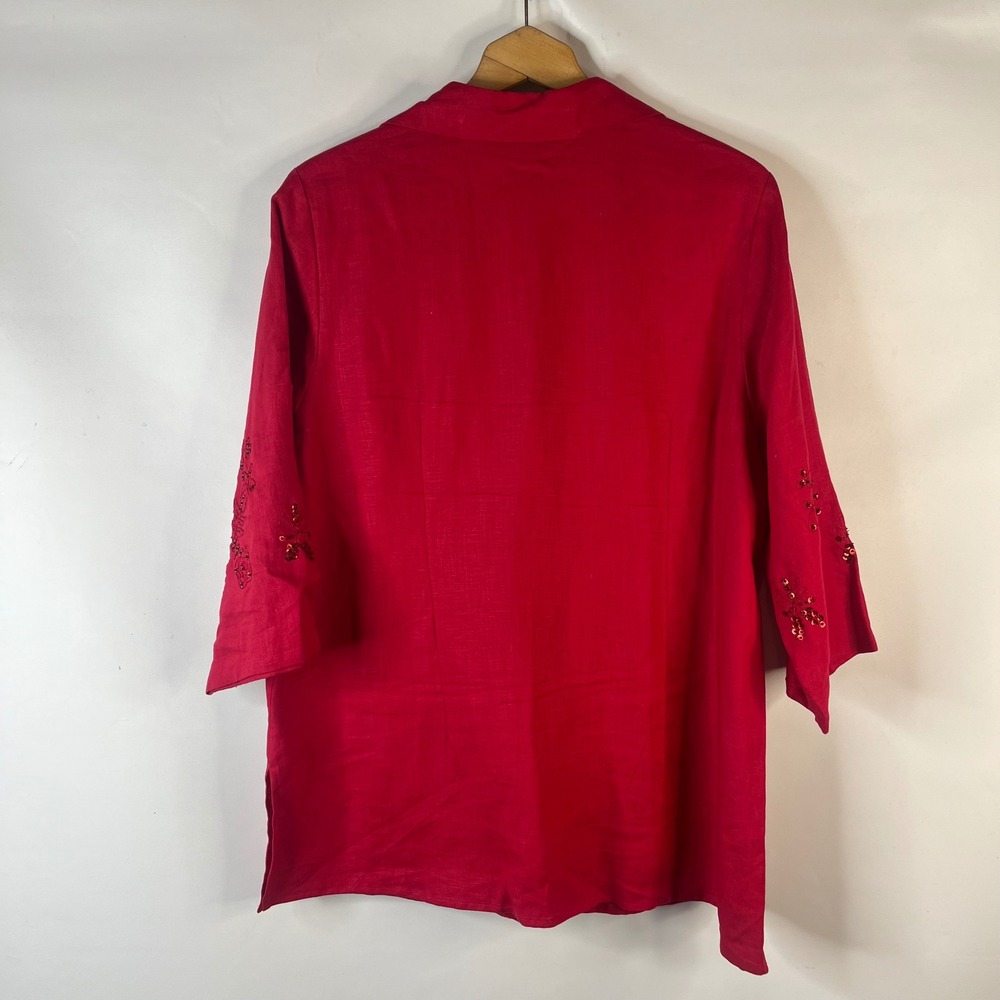 Edward Woman Linen Tunic Women 1X Red Sequin Embroidered Irish Linen Top - Picture 8 of 8